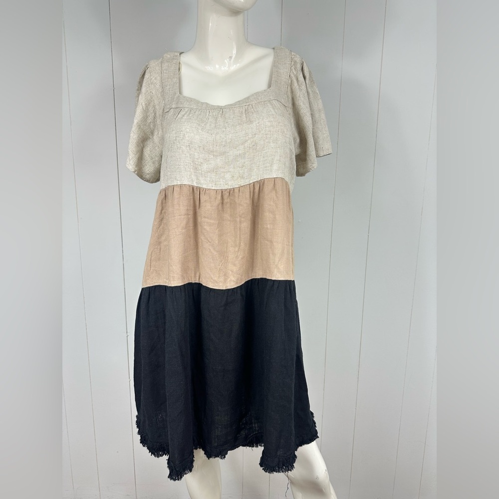 Umgee Women’s Sz M Colorblock Tiered Mini Linen Blend Dress Beige Black